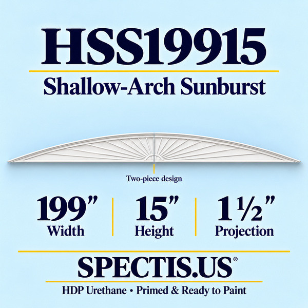 HSS19915 Shallow-Arch Sunburst in primed HDP urethane, 199 inch width, 15 inch height and 1 1/2 inch projection