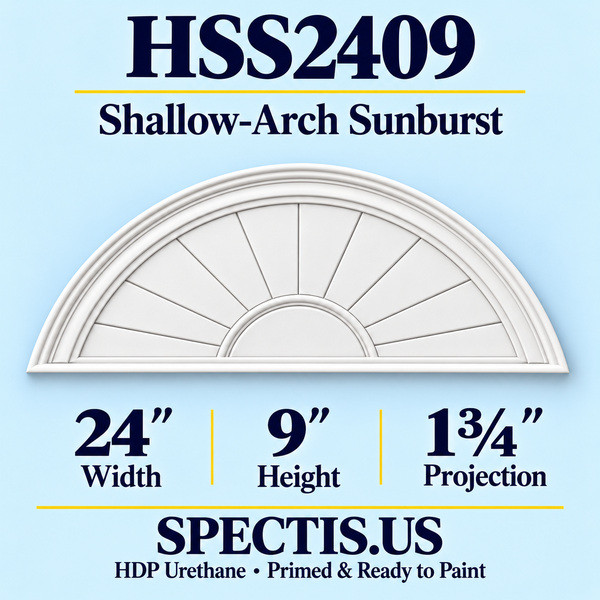 HSS2409 Shallow-Arch Sunburst in primed HDP urethane, 24 inch width, 9 inch height and 1 3/4 inch projection