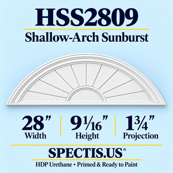 HSS2809 Shallow-Arch Sunburst in primed HDP urethane, 28 inch width, 9 1/16 inch height and 1 3/4 inch projection