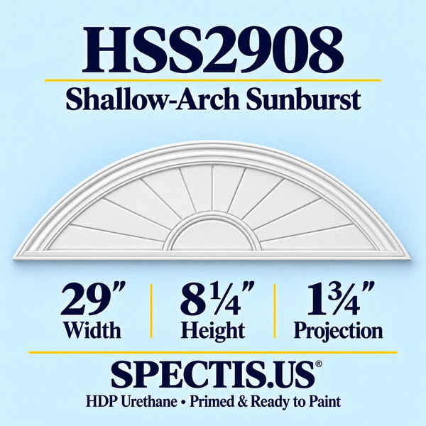 HSS2908 Shallow-Arch Sunburst in primed HDP urethane, 29 inch width, 8 1/4 inch height and 1 3/4 inch projection