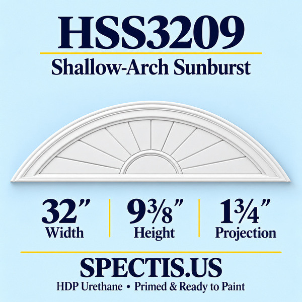 HSS3209 Shallow-Arch Sunburst in primed HDP urethane, 32 inch width, 9 3/8 inch height and 1 3/4 inch projection
