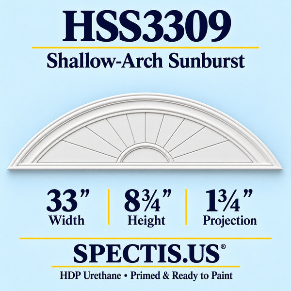 HSS3309 Shallow-Arch Sunburst in primed HDP urethane, 33 inch width, 8 3/4 inch height and 1 3/4 inch projection