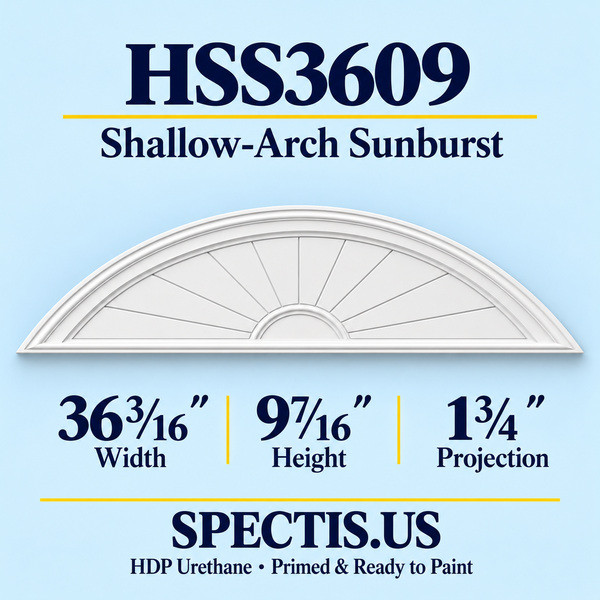 HSS3609 Shallow-Arch Sunburst in primed HDP urethane, 36 3/16 inch width, 9 7/16 inch height and 1 3/4 inch projection