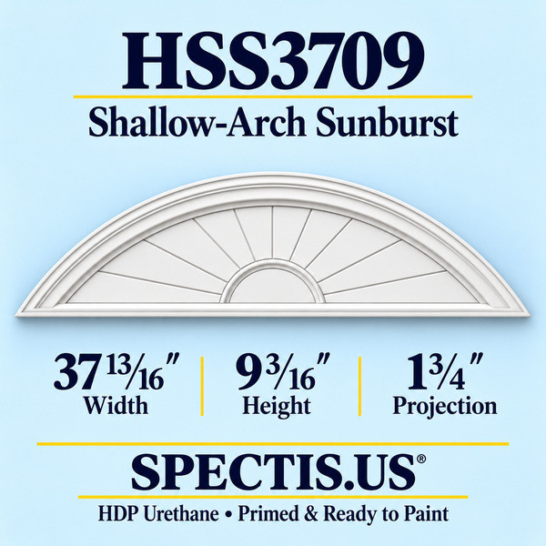HSS3709 Shallow-Arch Sunburst in primed HDP urethane, 37 13/16 inch width, 9 3/16 inch height and 1 3/4 inch projection