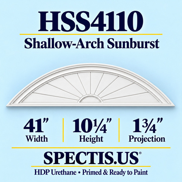HSS4110 Shallow-Arch Sunburst in primed HDP urethane, 41 inch width, 10 1/4 inch height and 1 3/4 inch projection