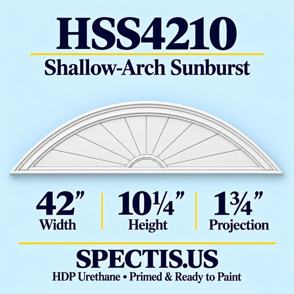 HSS4210 Shallow-Arch Sunburst in primed HDP urethane, 42 inch width, 10 1/4 inch height and 1 3/4 inch projection
