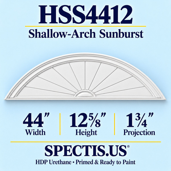 HSS4412 Shallow-Arch Sunburst in primed HDP urethane, 44 inch width, 12 5/8 inch height and 1 3/4 inch projection