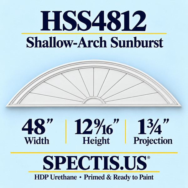 HSS4812 Shallow-Arch Sunburst in primed HDP urethane, 48 inch width, 12 9/16 inch height and 1 3/4 inch projection