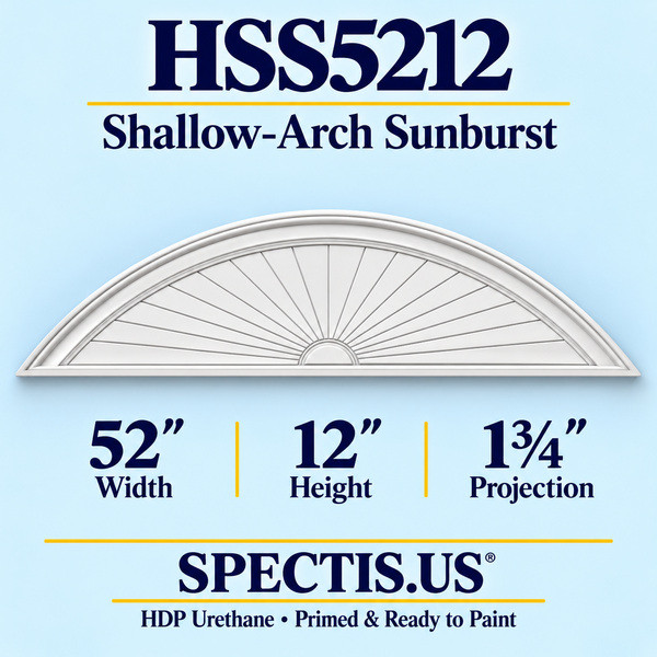 HSS5212 Shallow-Arch Sunburst in primed HDP urethane, 52 inch width, 12 inch height and 1 3/4 inch projection