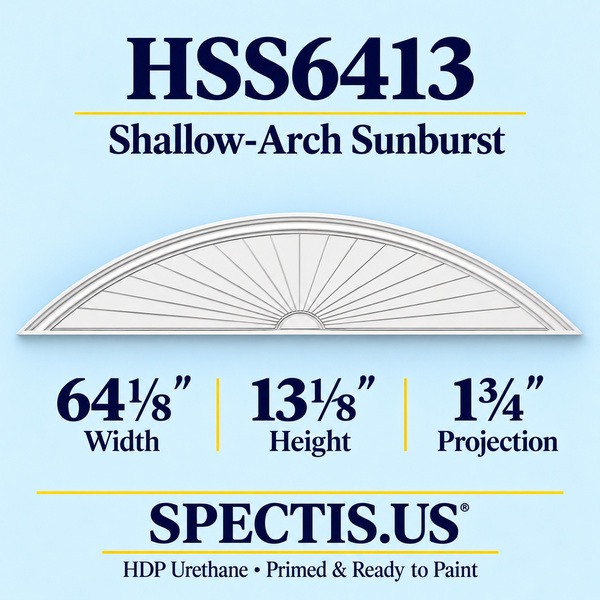 HSS6413 Shallow-Arch Sunburst in primed HDP urethane, 64 1/8 inch width, 13 1/8 inch height and 1 3/4 inch projection