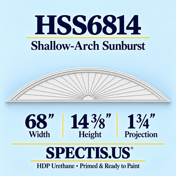 HSS6814 Shallow-Arch Sunburst in primed HDP urethane, 68 inch width, 14 3/8 inch height and 1 3/4 inch projection