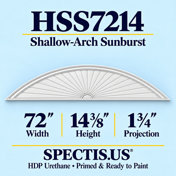 HSS7214 Shallow-Arch Sunburst in primed HDP urethane, 72 inch width, 14 3/8 inch height and 1 3/4 inch projection