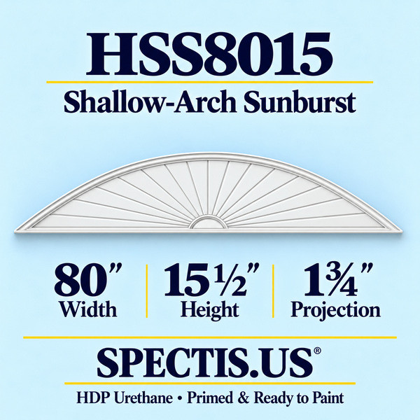 HSS8015 Shallow-Arch Sunburst in primed HDP urethane, 80 inch width, 15 1/2 inch height and 1 3/4 inch projection