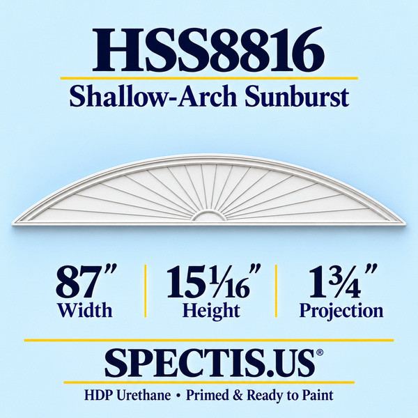 HSS8816 Shallow-Arch Sunburst in primed HDP urethane, 88 inch width, 16 inch height and 1 3/4 inch projection