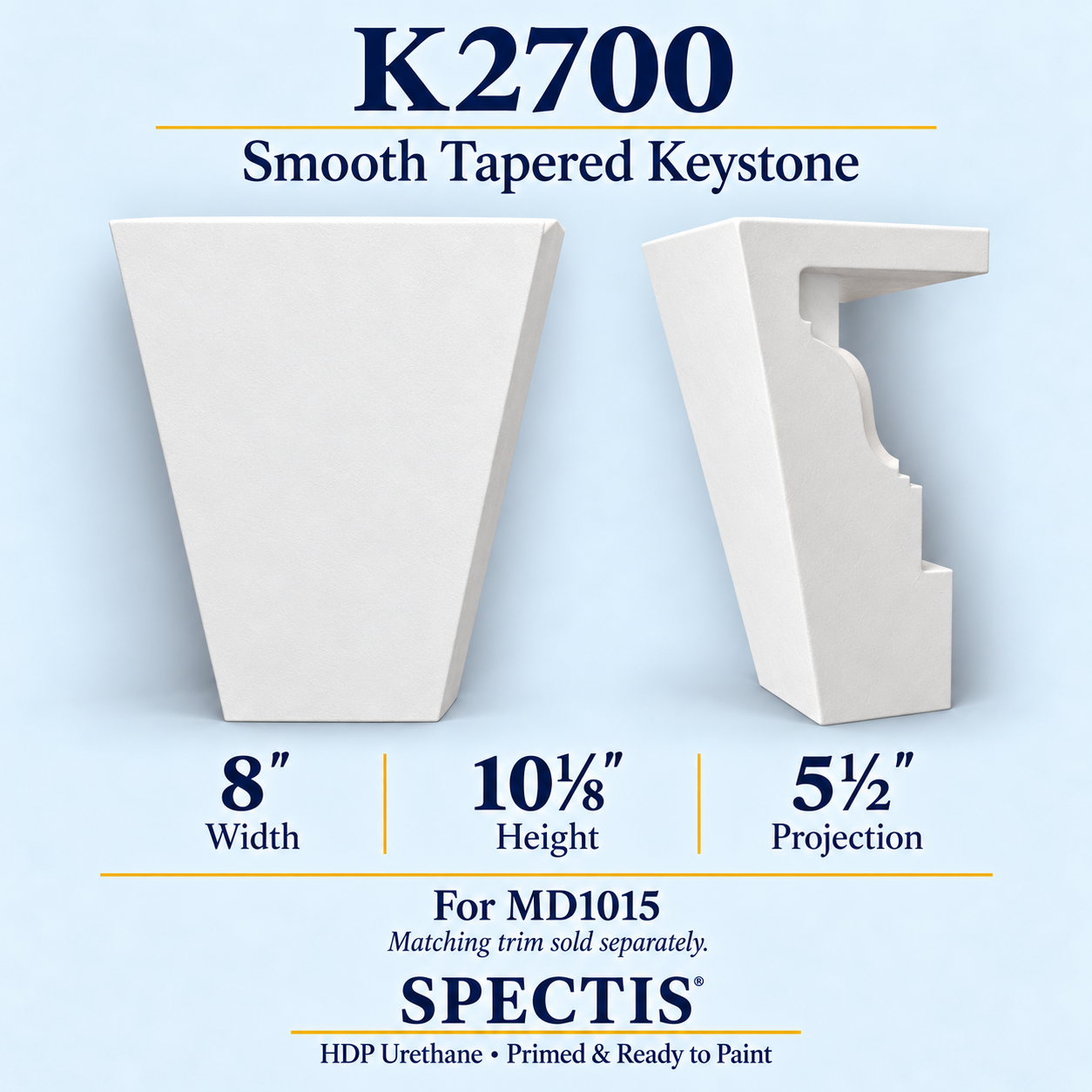 K2700 smooth tapered keystone, front and side profile, 8 inch width by 10⅛ inch height