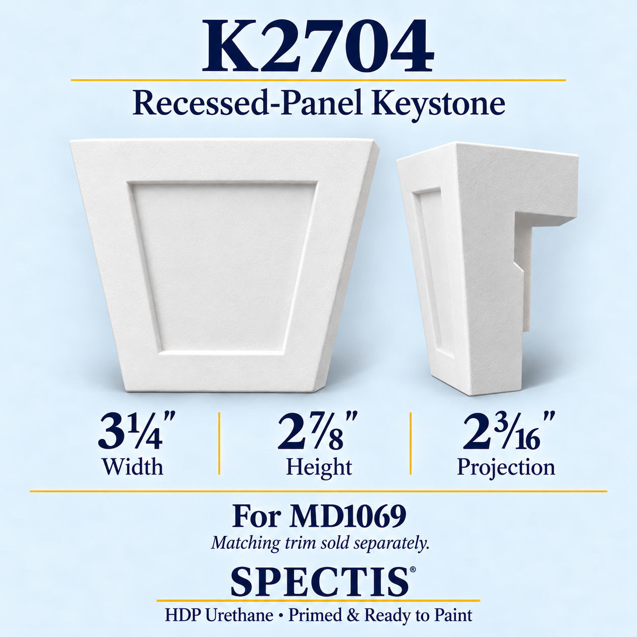 K2704 recessed-panel keystone, front and side profile, 3¼ inch width by 2⅞ inch height