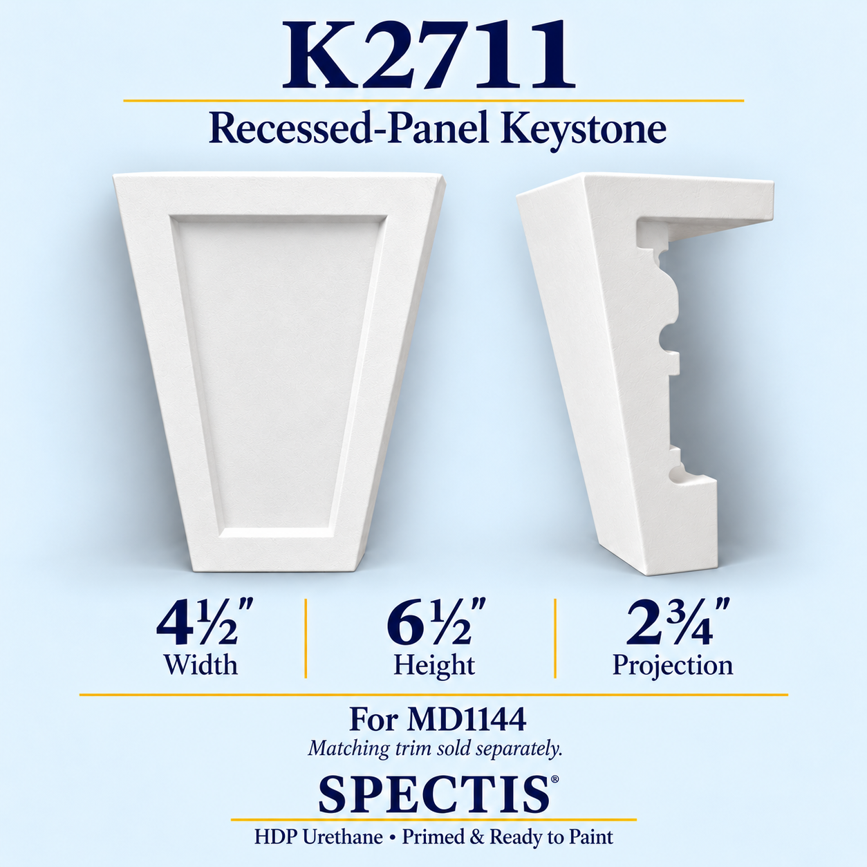 K2711 recessed-panel keystone, front and side profile, 4½ inch width by 6½ inch height
