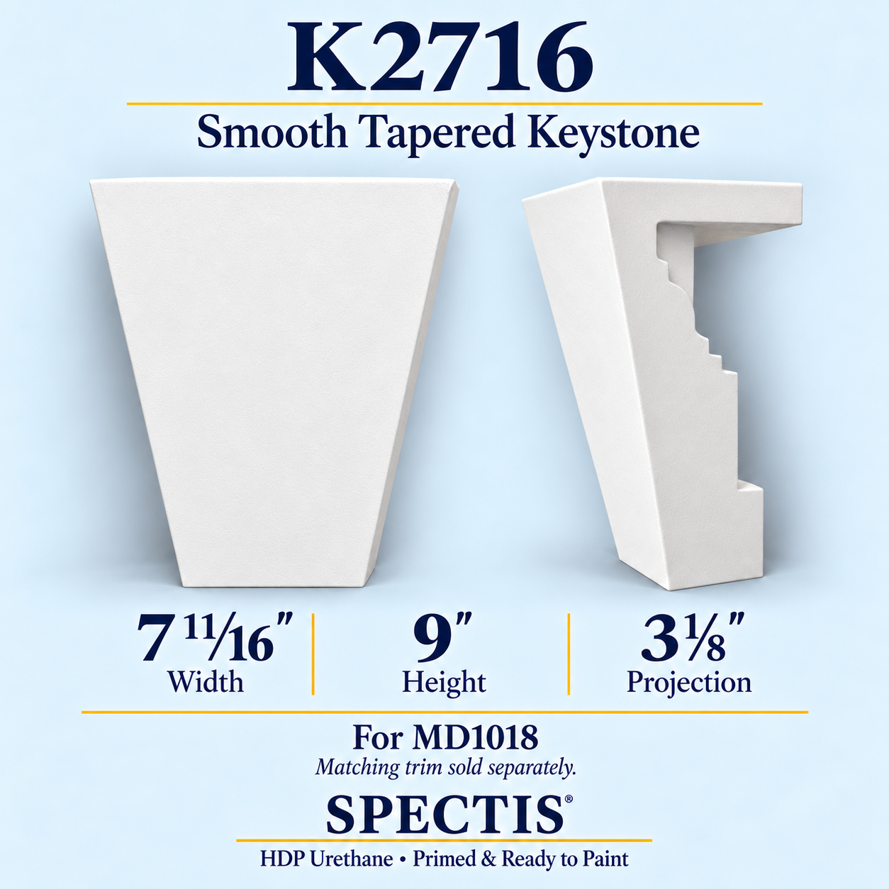 K2716 smooth tapered keystone, front and side profile, 7 11/16 inch width by 9 inch height