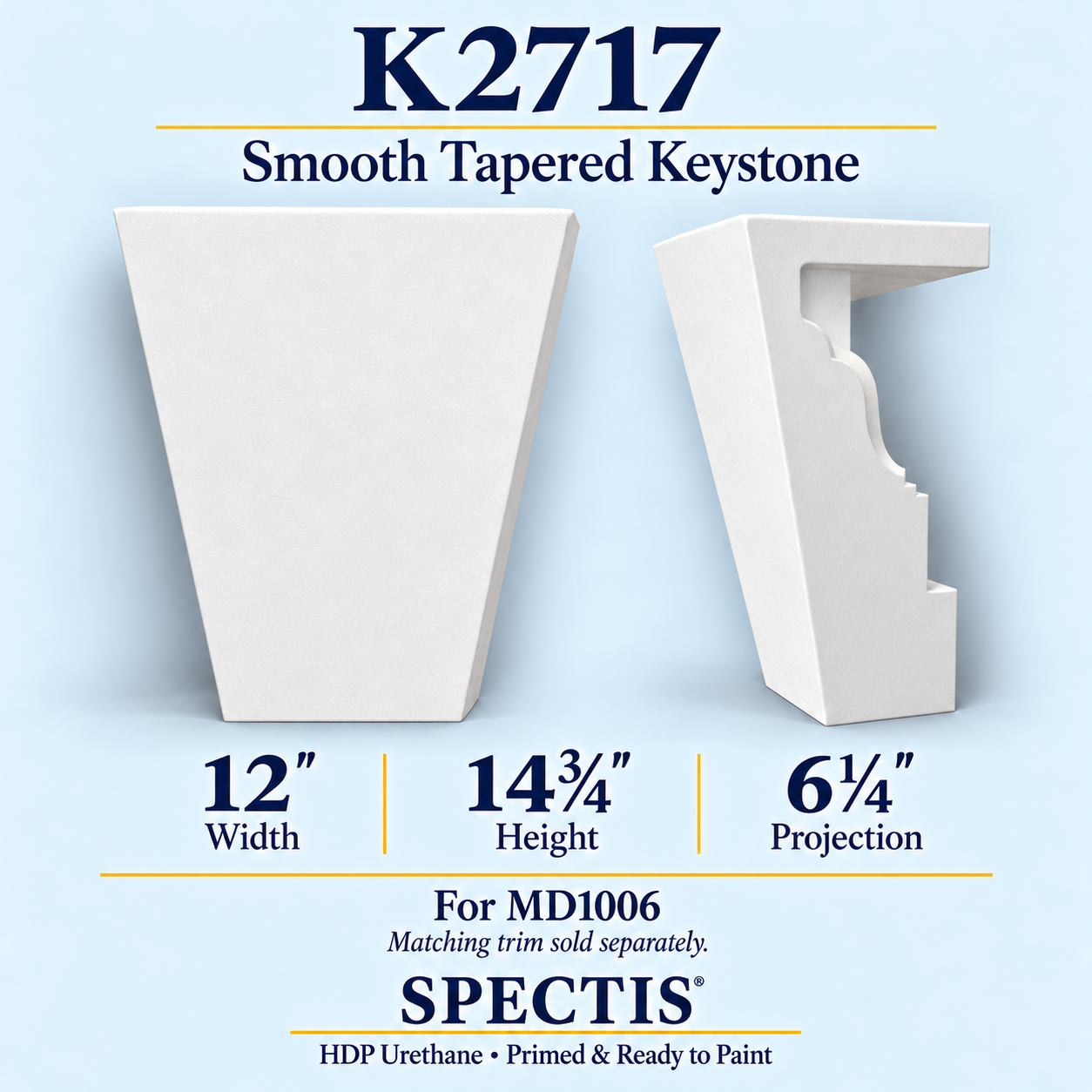 K2717 smooth tapered keystone, front and side profile, 12 inch width by 14¾ inch height