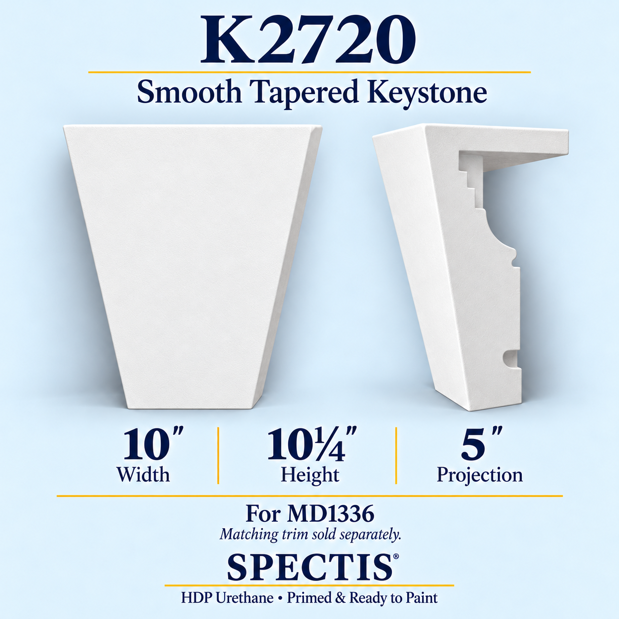 K2720 smooth tapered keystone, front and side profile, 10 inch width by 10¼ inch height
