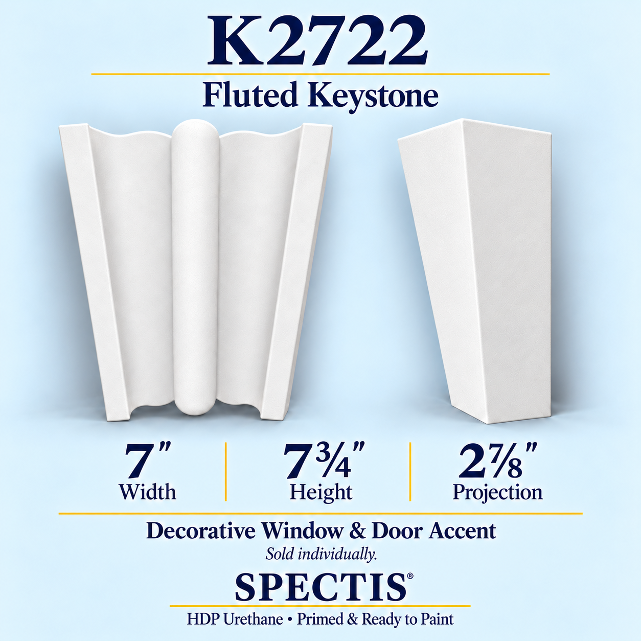 K2722 fluted keystone, front and side profile, 7 inch width by 7¾ inch height