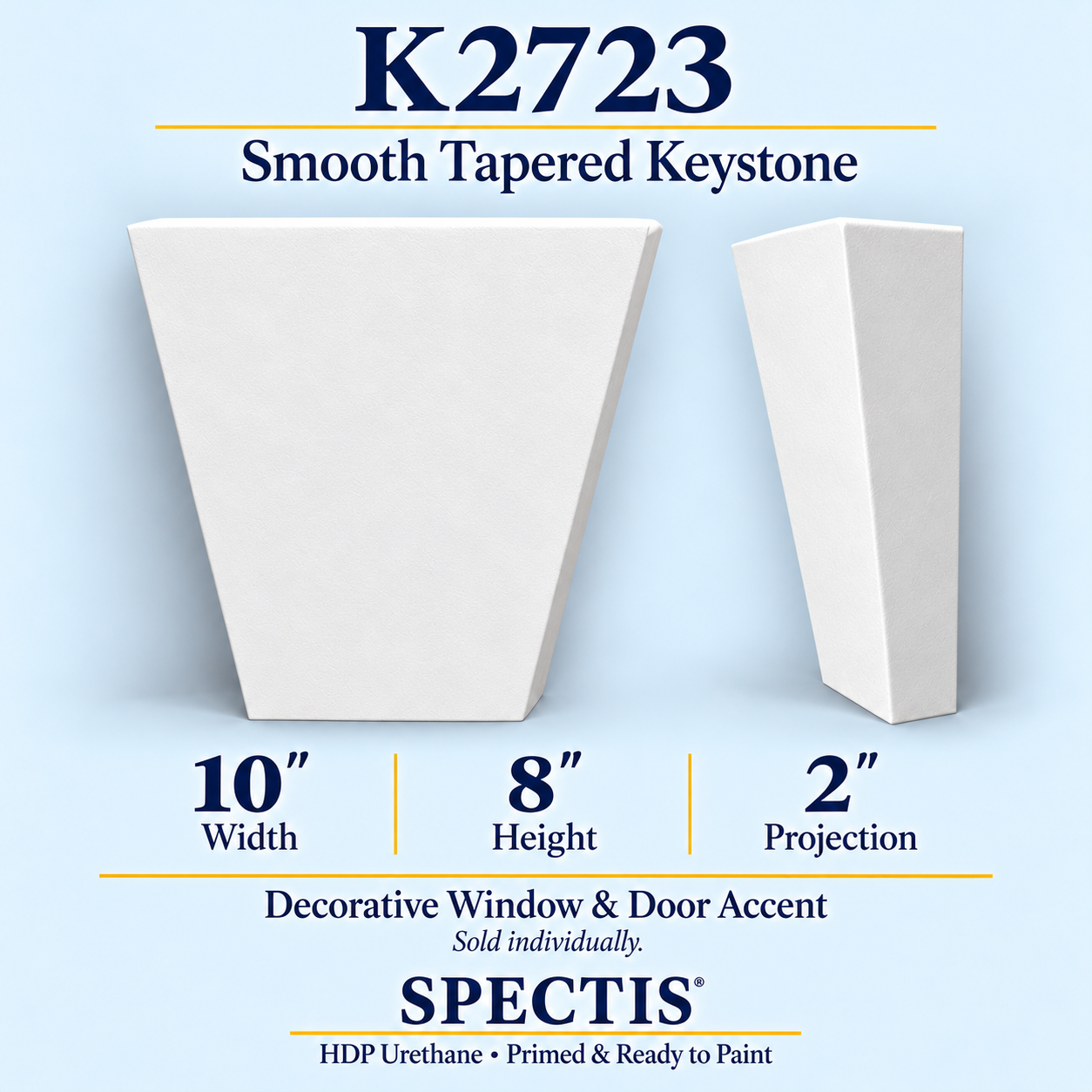 K2723 smooth tapered keystone, front and side profile, 10 inch width by 8 inch height