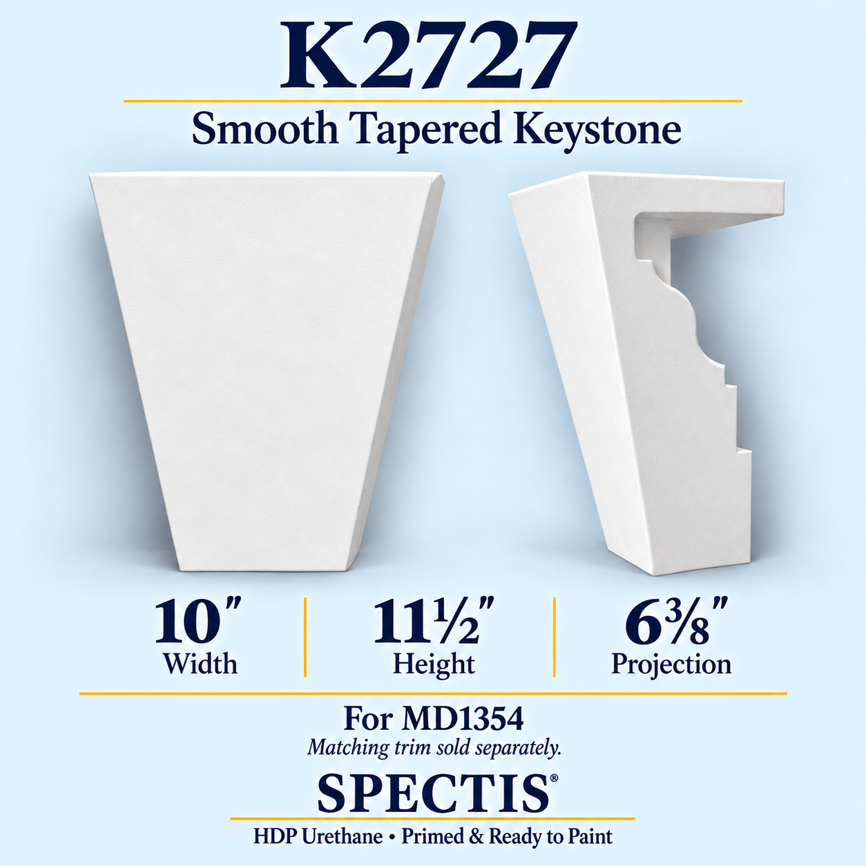 K2727 smooth tapered keystone, front and side profile, 10 inch width by 11½ inch height