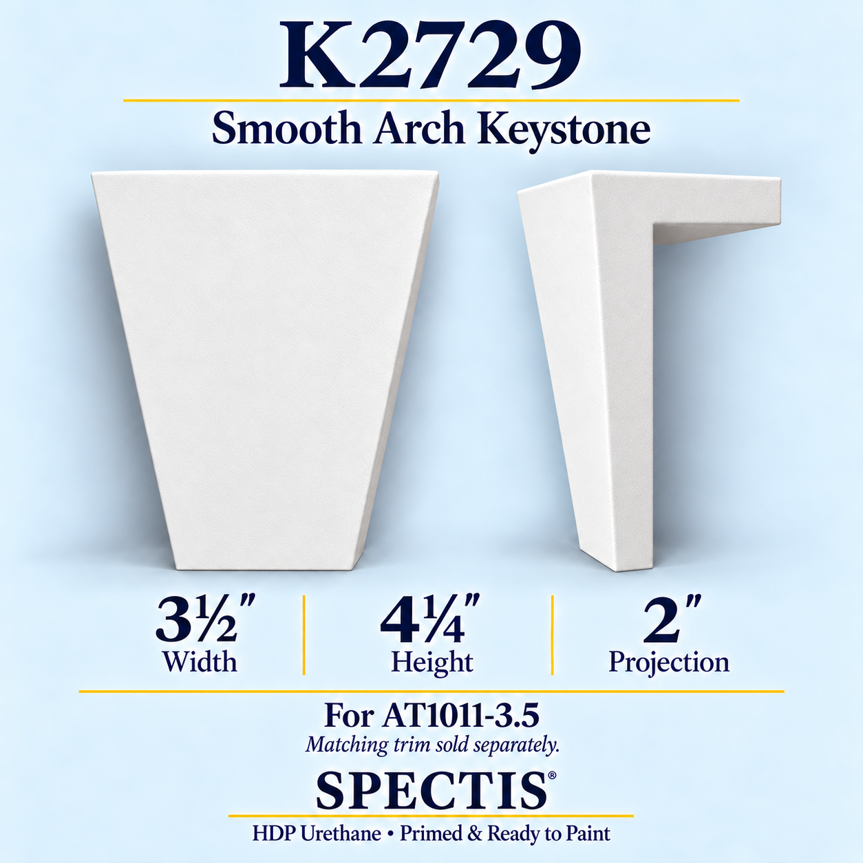 K2729 smooth arch keystone, front and side profile, 3½ inch width by 4¼ inch height