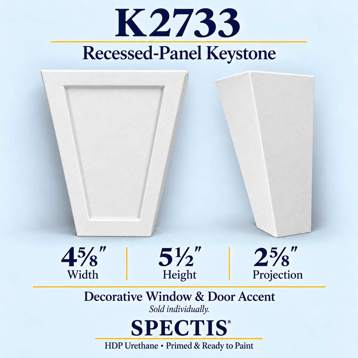 K2733 recessed-panel keystone, front and side profile, 4⅝ inch width by 5½ inch height