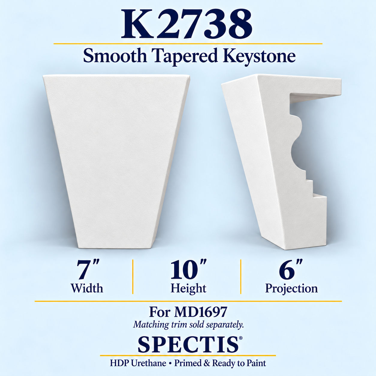 K2738 smooth tapered keystone, front and side profile, 7 inch width by 10 inch height