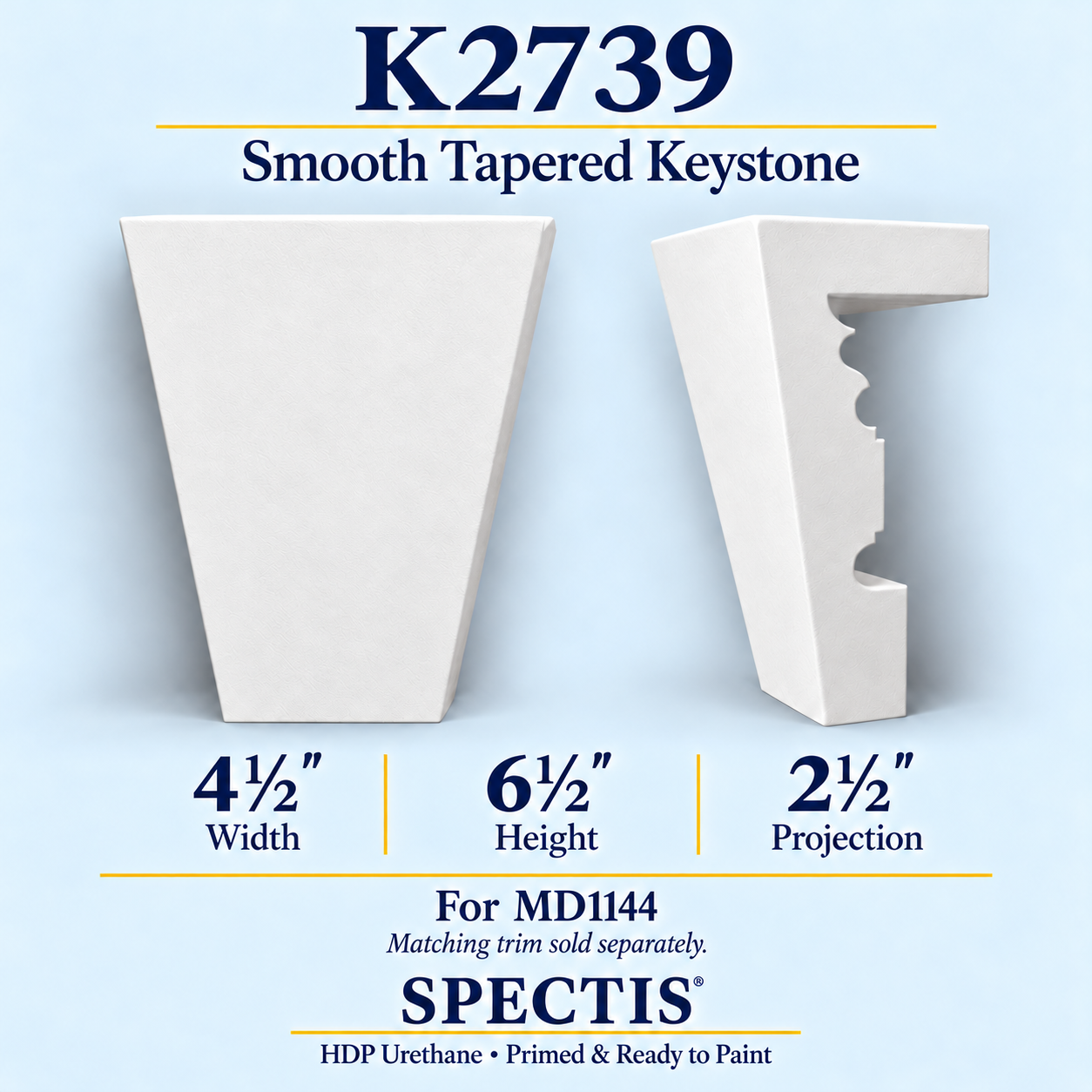 K2739 smooth tapered keystone, front and side profile, 4½ inch width by 6½ inch height