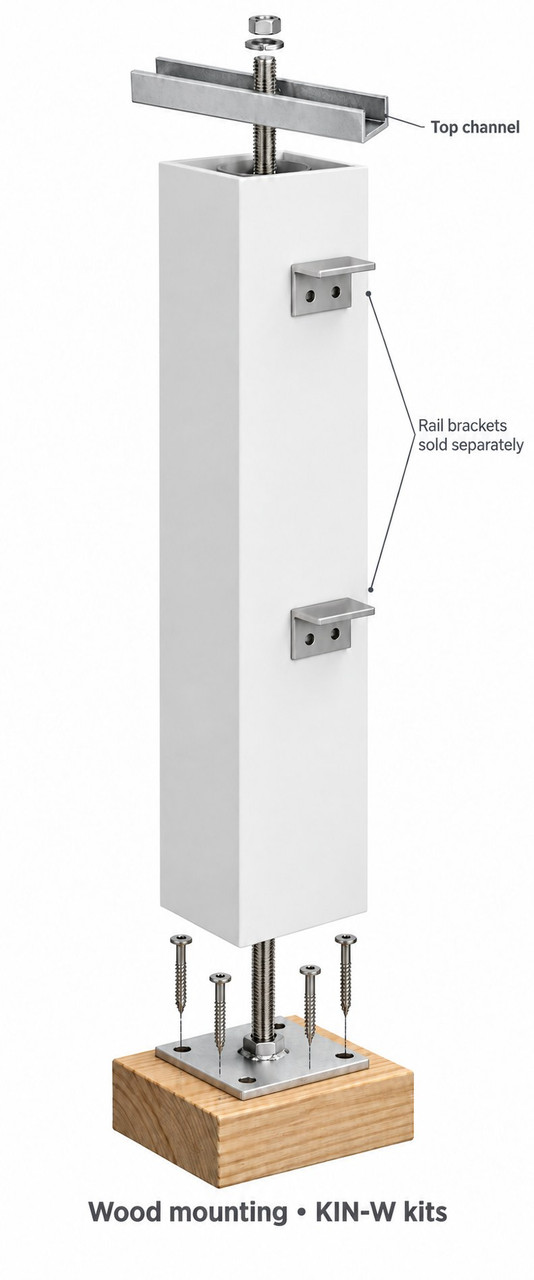 KIN06-W wood mounting illustration showing newel post anchoring hardware