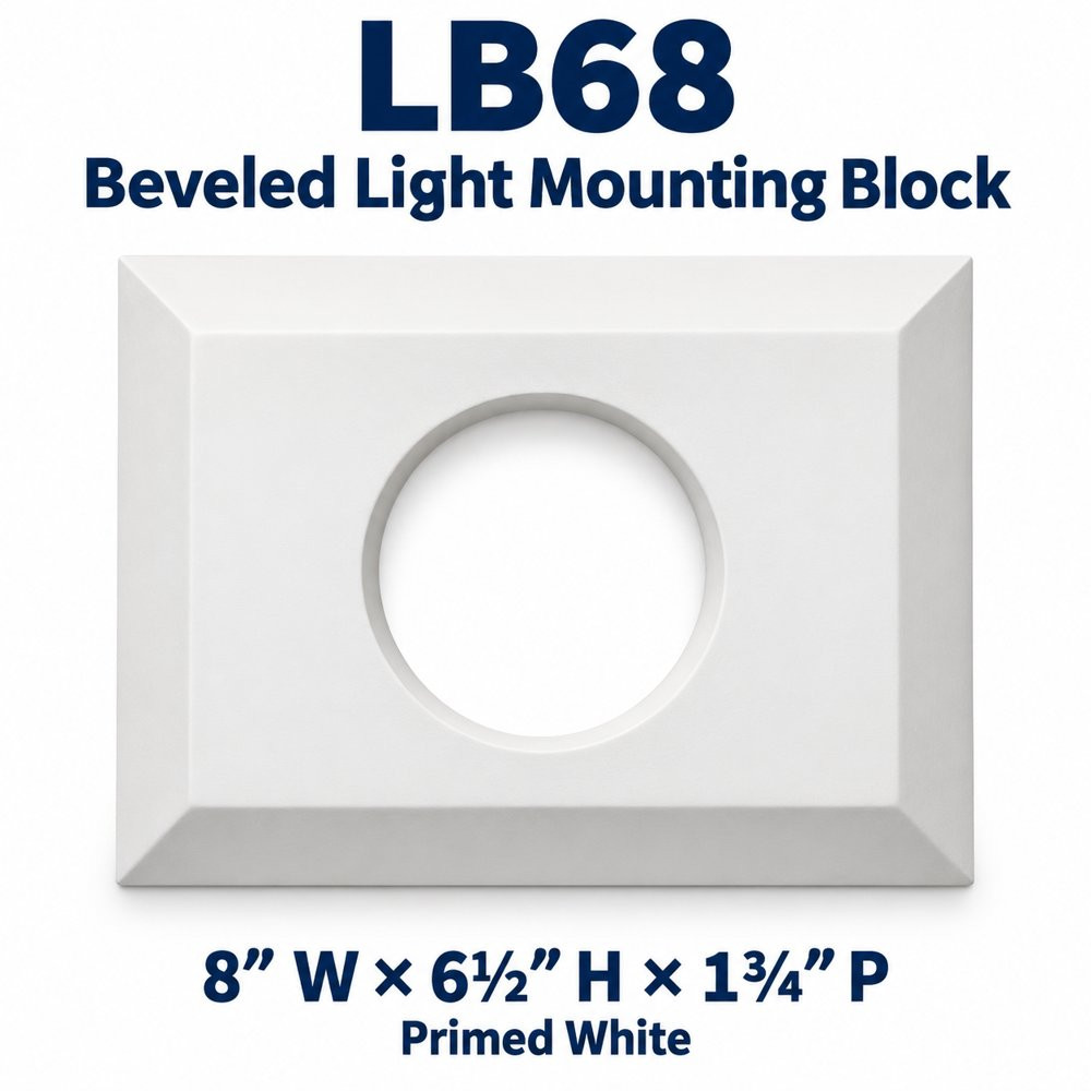 LB68 Beveled Light Mounting Block; 8″ W × 6½″ H × 1¾″ P; primed white