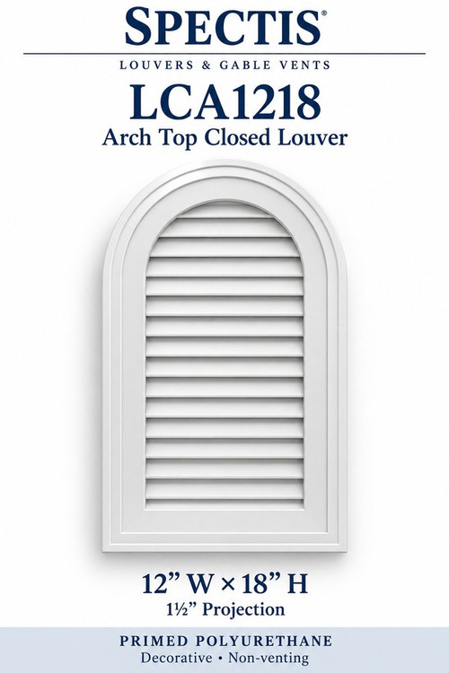 LCA1218 Arch Top Closed Louver, 12 inches wide by 18 inches high, decorative and non-venting
