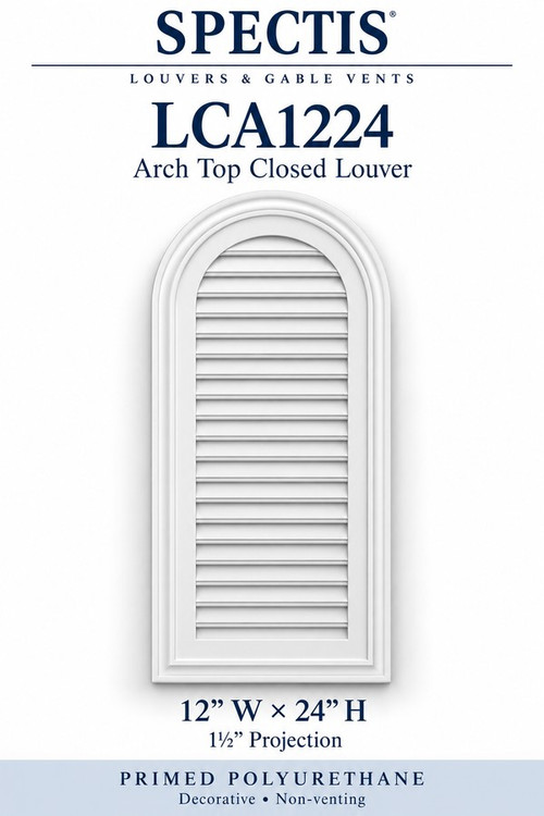 LCA1224 Arch Top Closed Louver, 12 inches wide by 24 inches high, decorative and non-venting