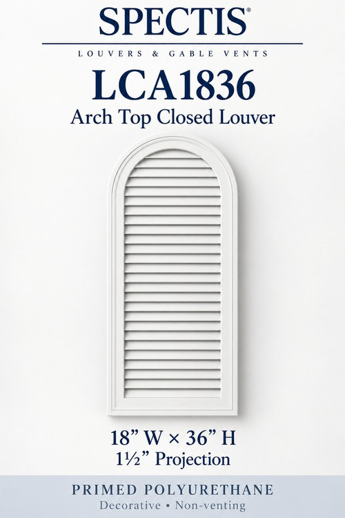 LCA1836 Arch Top Closed Louver, 18 inches wide by 36 inches high, decorative and non-venting