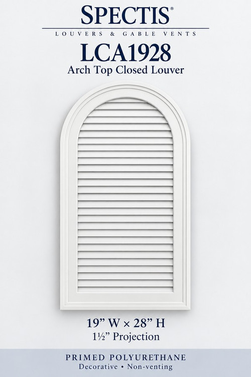LCA1928 Arch Top Closed Louver, 19 inches wide by 28 inches high, decorative and non-venting