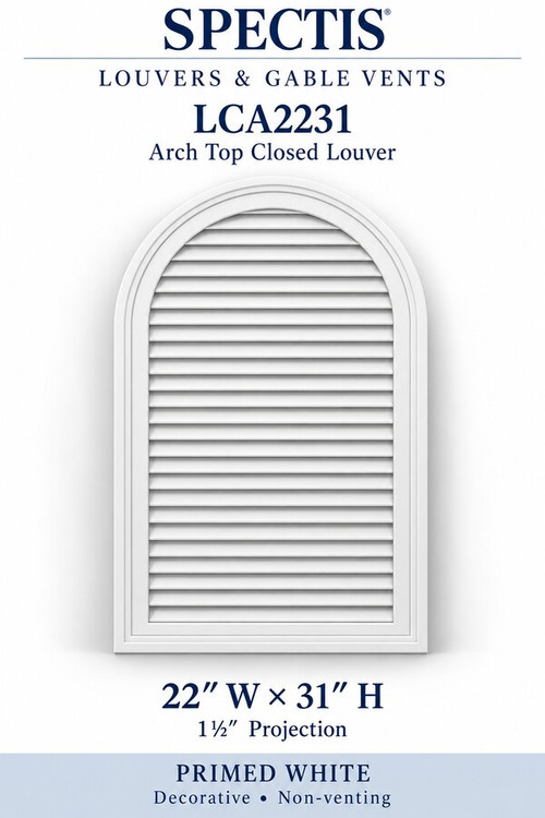 LCA2231 Arch Top Closed Louver, 22 inches wide by 31 inches high, decorative and non-venting