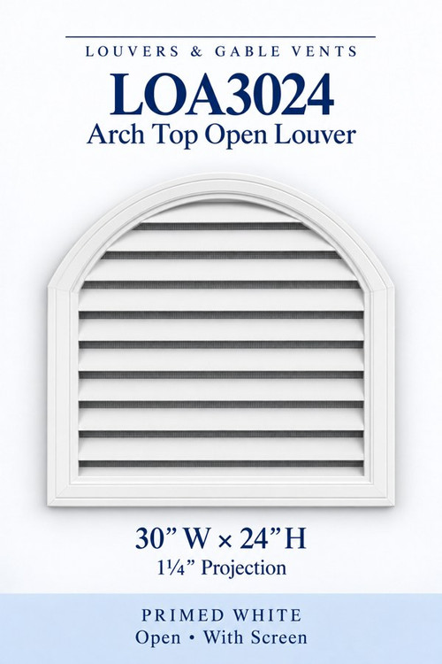 LOA3024 Arch Top Open Louver Vent, 30″ wide × 24″ high × 1 1/4″ projection