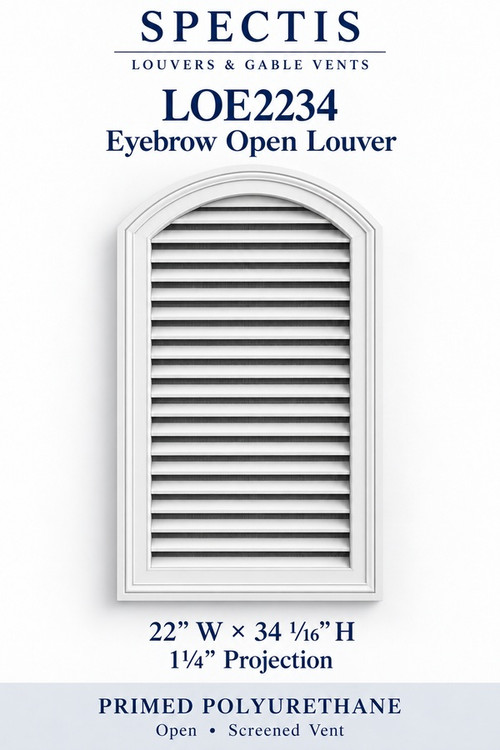 LOE2234 Eyebrow Open Louver, 22 inches wide by 34 1/16 inches high, screened vent