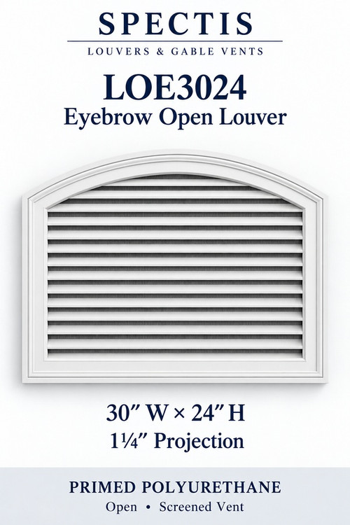 LOE3024 Eyebrow Open Louver, 30 inches wide by 24 inches high, screened vent