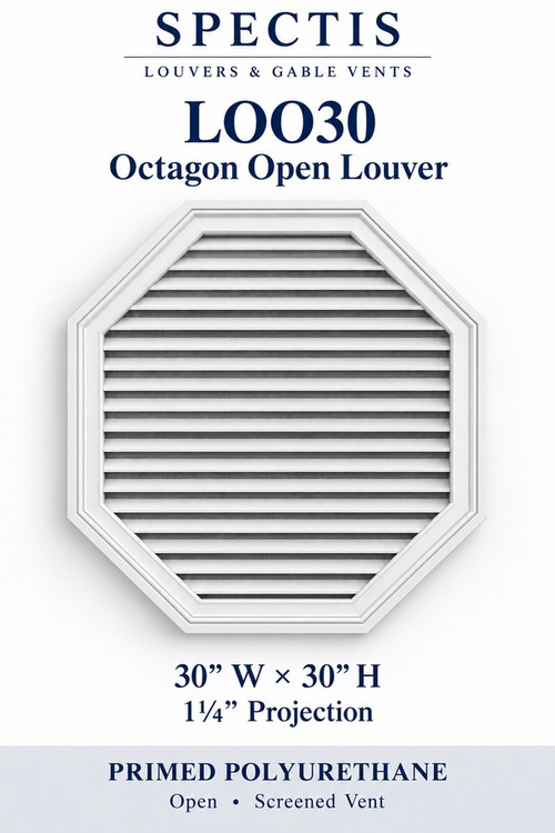 LOO30 Octagon Open Louver, 30 inches wide by 30 inches high, screened vent