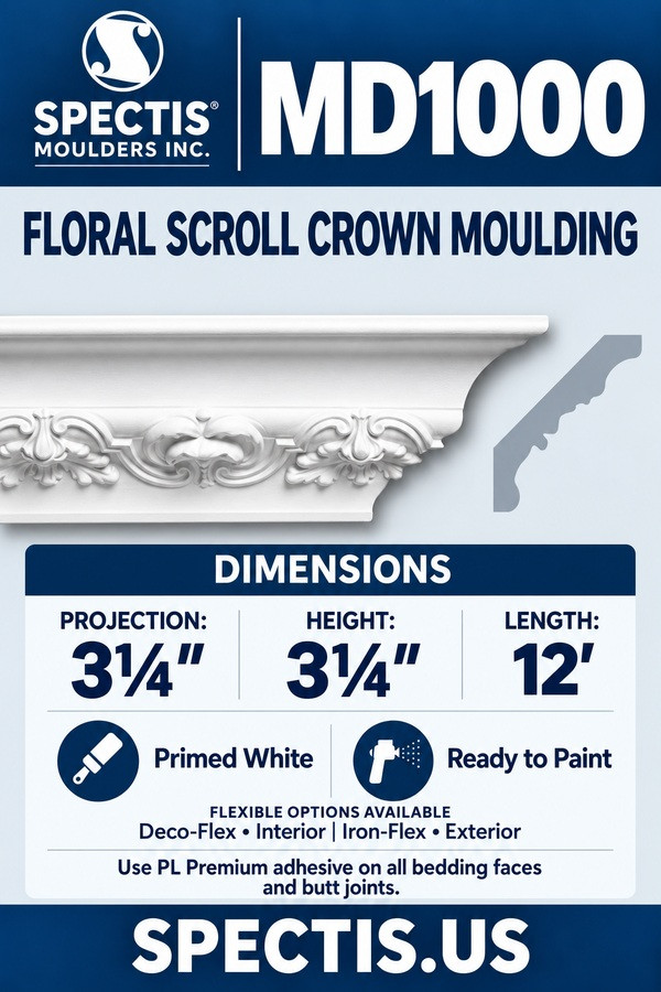 MD1000 floral scroll crown moulding — product section and grey side profile