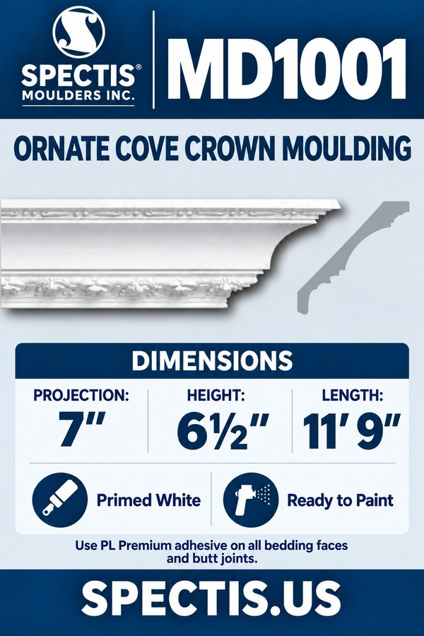MD1001 ornate cove crown moulding section and side profile, with decorative upper and lower bands