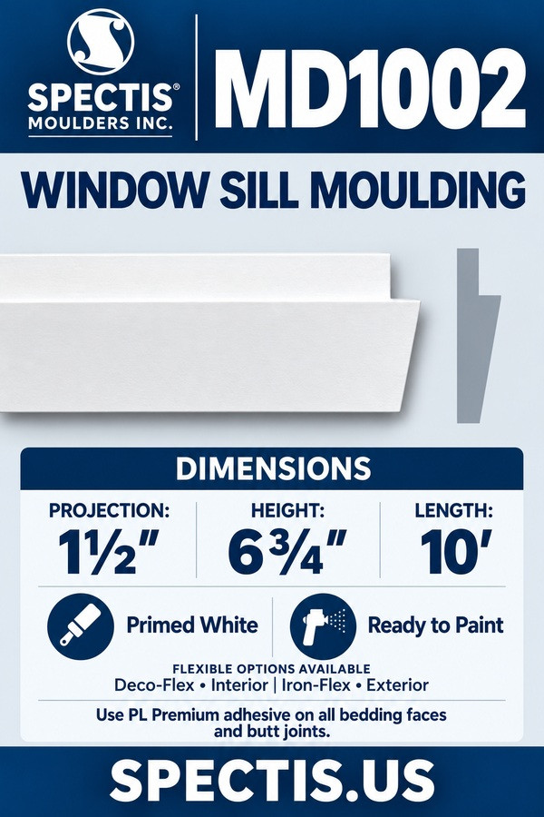 MD1002 window sill moulding — product section and grey side profile