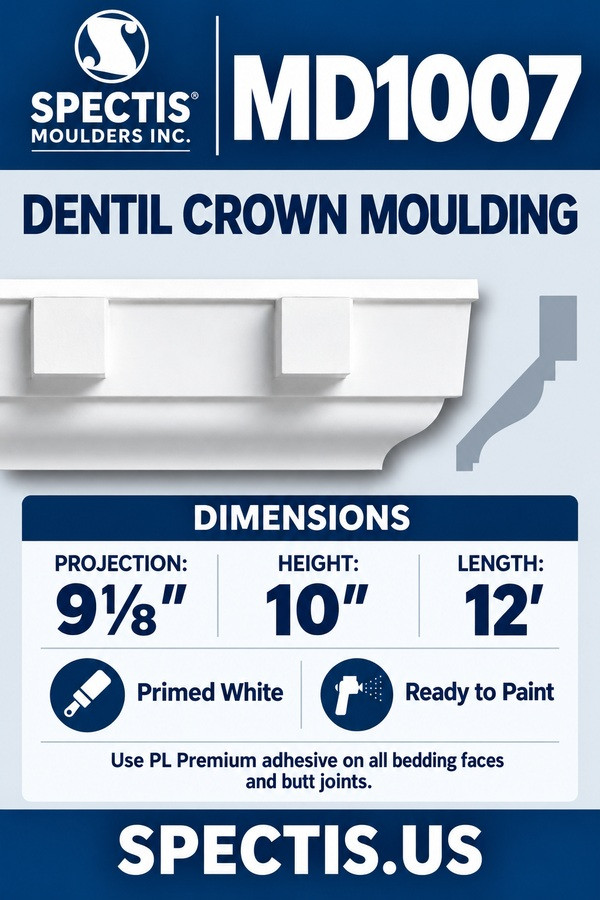 MD1007 dentil crown moulding — moulding section and grey side profile