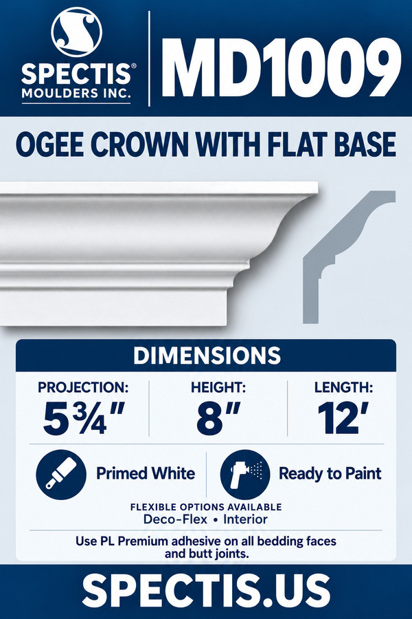 MD1009 ogee crown with flat base — moulding section and grey side profile