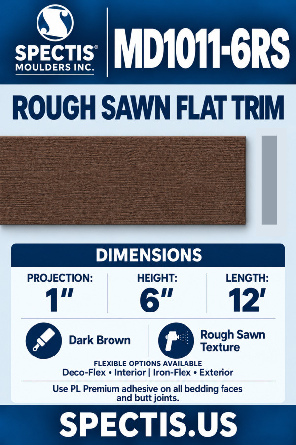 MD1011-6RS rough sawn flat trim — dark brown rough-sawn section and grey side profile
