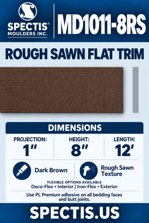 MD1011-8RS rough sawn flat trim — dark brown rough-sawn section and grey side profile