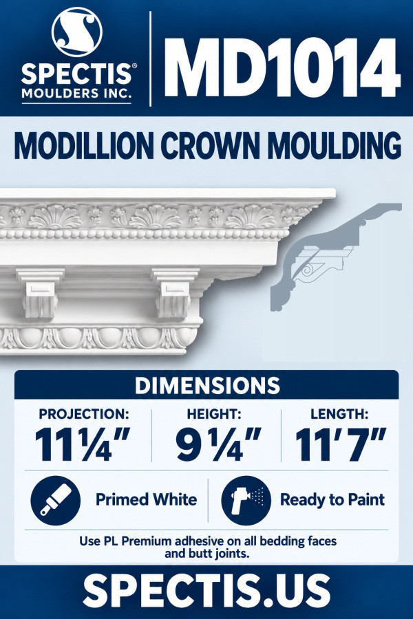 MD1014 modillion crown moulding with leaf and bead ornament, scroll-shaped modillions and CAD-derived side profile